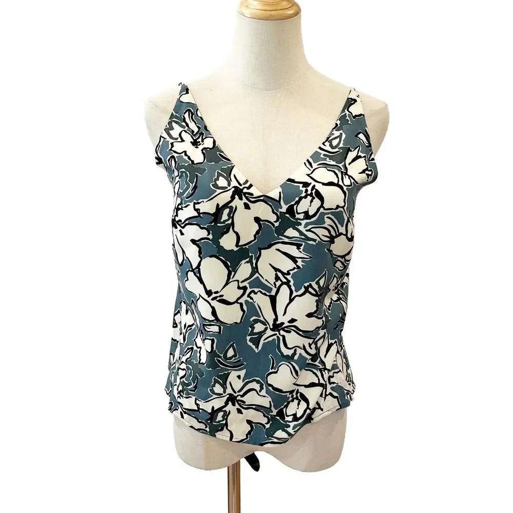 Banana Republic Factory Blue Floral Silky Tank Cami XSP V-Neck Summer